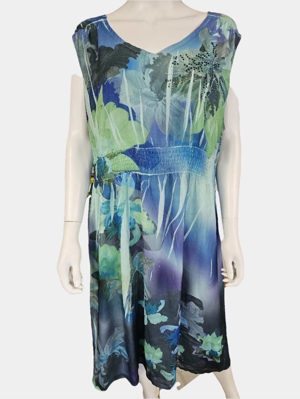 Catherines V-Neck Sleevess Tropical Rhinestone Embellished Midi Dress Size 24W